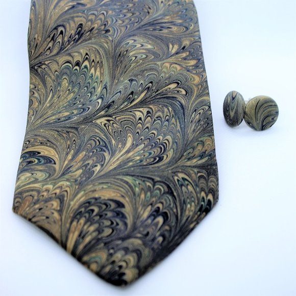 Beautiful Hand Marbled Ties - Matching Cufflinks - Picture 2 of 7